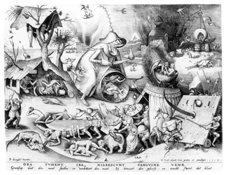 Hněv (Ira), ze série „Sedm smrtelných hříchů“, vyryl Pieter van der Heyden (kolem 1530-72) a vydal Hieronymus Cock (kolem 1510-70), 1558